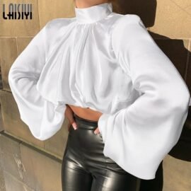 High Neck Satin Lantern Sleeve Blouse