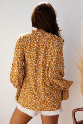 Orange Boho Floral Ruffled Bubble Sleeve V Neck Fall Blouse - Image 2