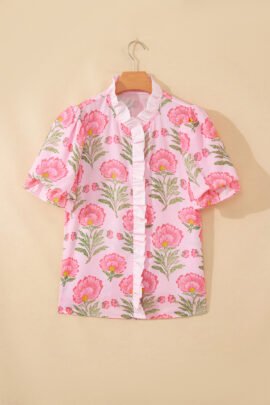Pink Sweet Blooms Ruffle Striped Trim Puff Sleeve Shirt Pink Sweet Blooms Ruffle Striped Trim Puff Sleeve Shirt - Image 3