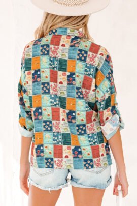 Sky Blue Floral Collared V Neck Roll up Sleeve Shift Blouse Sky Blue Floral Collared V Neck Roll up Sleeve Shift Blouse - Image 2
