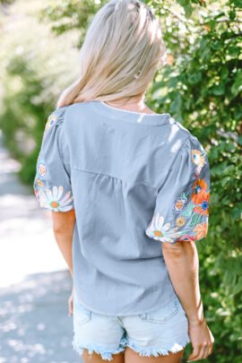 Beau Blue Floral Embroidered Puff Sleeve Split Neck Blouse Beau Blue Floral Embroidered Puff Sleeve Split Neck Blouse - Image 2