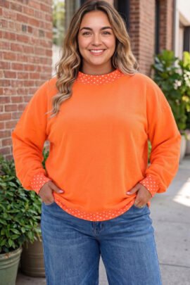 Racing Red Polka Dot Patchwork Round Neck Plus Size Sweatshirt - Image 27