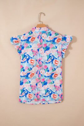 Pink Floral Print Tie V Neck Contrast Detail Ruffle Short Sleeve Blouse Pink Floral Print Tie V Neck Contrast Detail Ruffle Short Sleeve Blouse - Image 5
