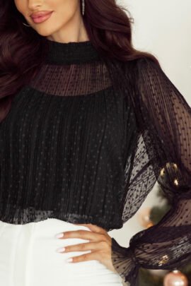 Black Dotty Lace Sheer Mock Neck Long Sleeve Blouse Black Dotty Lace Sheer Mock Neck Long Sleeve Blouse - Image 5