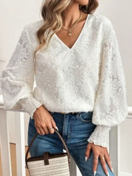 Textured Eyelash Lace V-Neck Blouse