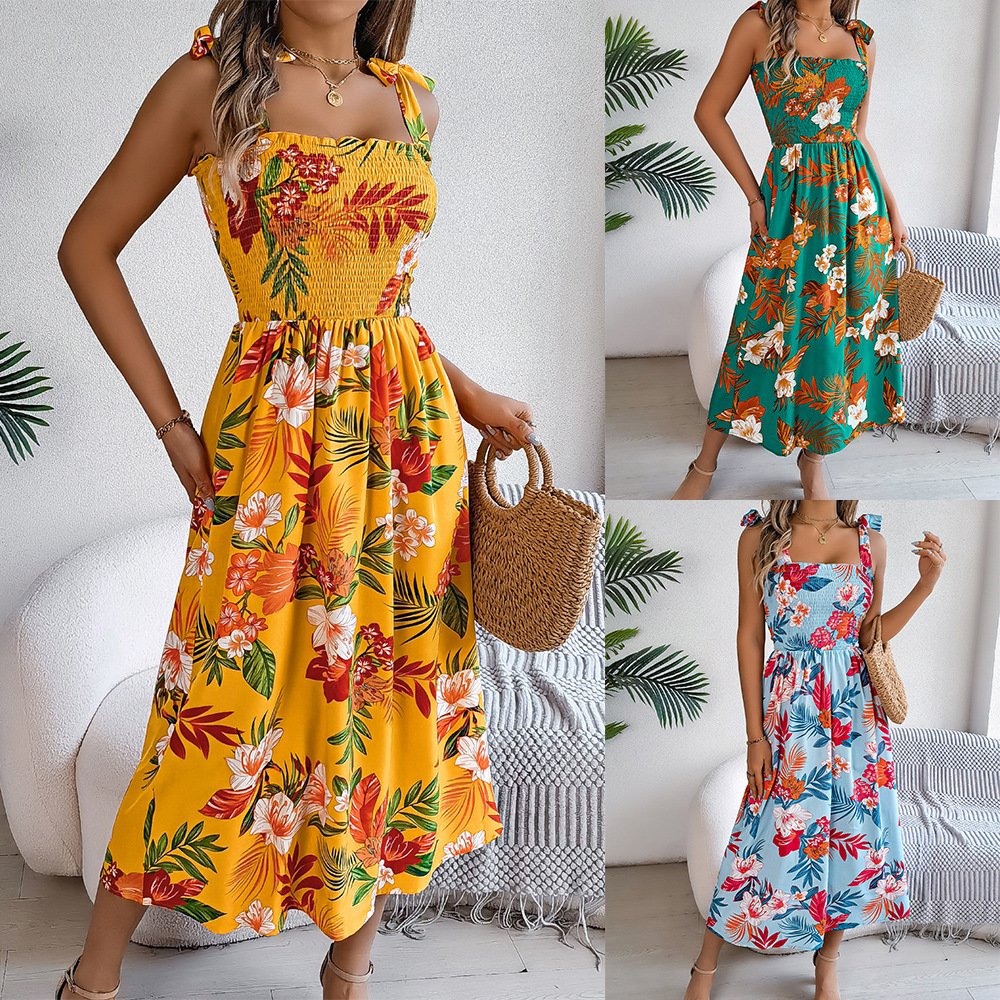 Flowers Print Suspender Corset Dress Ins Fashion Holiday Beach Long Dresses Summer Clothing For Women Flowers Print Suspender Corset Dress Ins Fashion Holiday Beach Long Dresses Summer Clothing For Women
