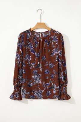 Brown Autumn Floral Print Smocked Cuffs Shift Blouse - Image 7