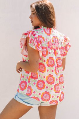 Rose Floral Ruffled Sleeve Ric-rac Trim Split Neck Loose Blouse Rose Floral Ruffled Sleeve Ric-rac Trim Split Neck Loose Blouse - Image 2