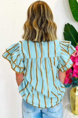 Sky Blue Stripe Ricrac Trim Double Ruffled Short Sleeve V Neck Blouse - Image 2