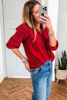 Fiery Red Solid Color Frilled V Neck Bow Detail 3/4 Sleeve Blouse Fiery Red Solid Color Frilled V Neck Bow Detail 3/4 Sleeve Blouse - Image 3