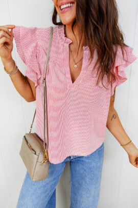 Red Stripe Frilly Split Neck Double Ruffled Short Sleeve Blouse - Image 3