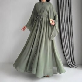 Chiffon Button-Up Cape Sleeve Maxi Abaya Dress