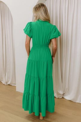 Bright Green Solid Color V Neck Short Puff Sleeve High Waist Tiered Maxi Dress Bright Green Solid Color V Neck Short Puff Sleeve High Waist Tiered Maxi Dress - Image 2