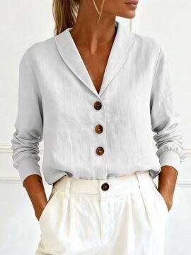 Linen Look Shawl Collar Long Sleeve Blouse Linen Look Shawl Collar Long Sleeve Blouse - Image 5