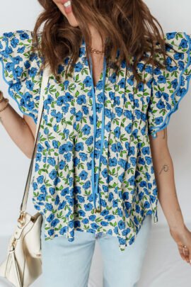 Sky Blue Tiered Flutter Sleeve Pleated Flower Blouse Sky Blue Tiered Flutter Sleeve Pleated Flower Blouse - Image 3