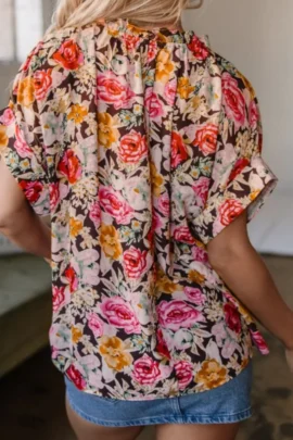 Floral Ruffle V-Neck Tie Front Blouse Floral Ruffle V-Neck Tie Front Blouse - Image 2