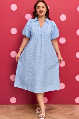 Sky Blue Stripe Shirred Detail Collar V Neck Plus Size Midi Dress - Image 4