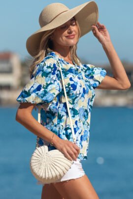 Sky Blue Floral Print Short Puff Sleeve V Neck Blouse Sky Blue Floral Print Short Puff Sleeve V Neck Blouse - Image 3