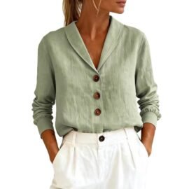 Linen Look Shawl Collar Long Sleeve Blouse Linen Look Shawl Collar Long Sleeve Blouse - Image 4