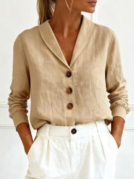 Linen Look Shawl Collar Long Sleeve Blouse Linen Look Shawl Collar Long Sleeve Blouse - Image 6