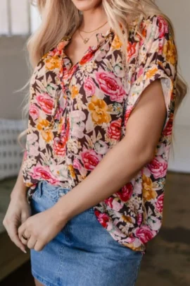 Floral Ruffle V-Neck Tie Front Blouse Floral Ruffle V-Neck Tie Front Blouse - Image 5