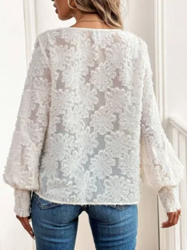 Textured Eyelash Lace V-Neck Blouse - Image 4