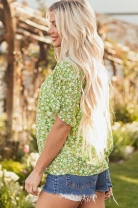 Green Floral Print Ruffle Sleeve V Neck Blouse Top Green Floral Print Ruffle Sleeve V Neck Blouse Top - Image 3