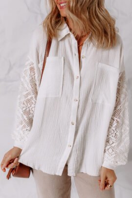 White Cotton Gauze Lace Patchwork Long Sleeve Shirt - Image 3