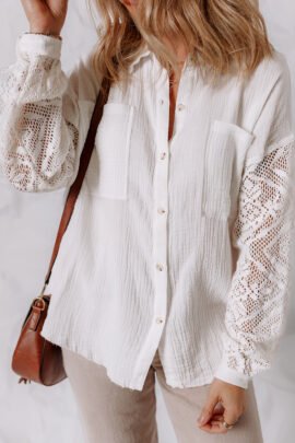 White Cotton Gauze Lace Patchwork Long Sleeve Shirt - Image 8