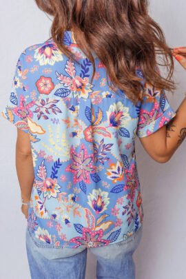 Purple Vacation Floral Print V Neck Short Sleeve Blouse - Image 2