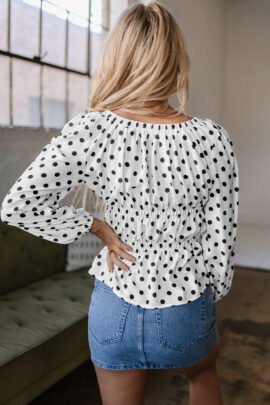Black Polka Dot Puff Sleeve Bow Square Neck Peplum Top - Image 2