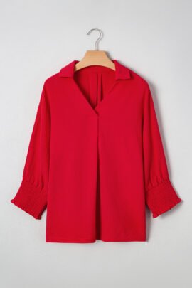 Fiery Red V Neck Collared Shirred 3/4 Sleeve Oversized Tunic Top Fiery Red V Neck Collared Shirred 3/4 Sleeve Oversized Tunic Top - Image 8