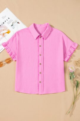 Bonbon Mineral Wash Textured Ruffle Trim Short Sleeve Shirt Bonbon Mineral Wash Textured Ruffle Trim Short Sleeve Shirt - Image 4