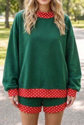Dark Blue Polka Dot Trim Baggy Pullover 2pcs Short Set - Image 15
