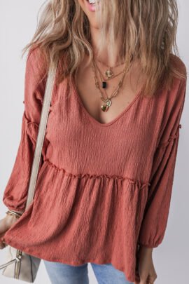 Mineral Red Solid Color Textured Frilled Trim V Neck Puff Sleeve Blouse Mineral Red Solid Color Textured Frilled Trim V Neck Puff Sleeve Blouse - Image 3