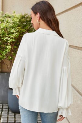 White Ruffle Elastic Cuffs Puffy Long Sleeve Button Down Shirt - Image 2