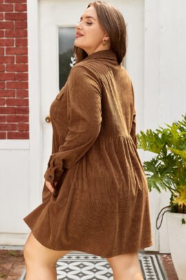 Camel Corduroy Full Buttoned Collared Shirt Style Plus Size Dress - Image 2