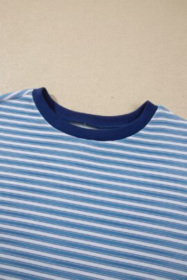 Sky Blue Stripe Long Sleeve Oversized Top Pocketed Casual Shorts Two Piece Set Sky Blue Stripe Long Sleeve Oversized Top Pocketed Casual Shorts Two Piece Set - Image 6