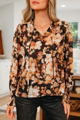 Black Floral V Neck Long Puff Sleeve Breezy Blouse - Image 7