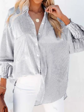 Striped Button Down Smocked Cuff Shirt - Image 9