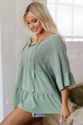 Laurel Green Tie Split Neck Textured Ruffle Patchwork Blouse - Image 3
