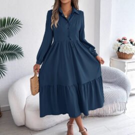 Long Sleeve Tiered Button Down Midi Shirt Dress with Pockets - Image 2