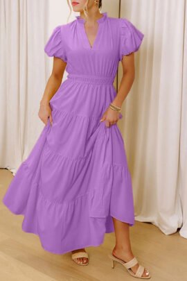 Bright Green Solid Color V Neck Short Puff Sleeve High Waist Tiered Maxi Dress Bright Green Solid Color V Neck Short Puff Sleeve High Waist Tiered Maxi Dress - Image 13