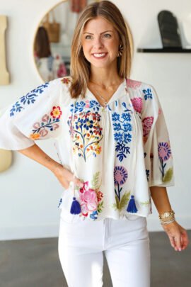 White Floral Print Tassel Tie Bracelet Sleeve Flowy Blouse - Image 2