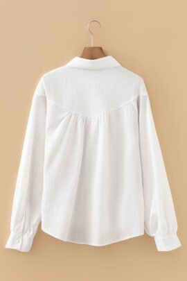 White Crinkled Texture Lantern Sleeve Button Down Loose Shirt White Crinkled Texture Lantern Sleeve Button Down Loose Shirt - Image 6