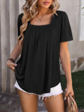Square Neck Pleated Knit Summer Blouse - Image 20