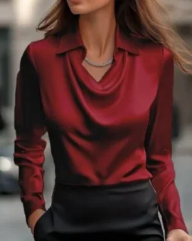 Women's Collared Satin Cowl Neck Blouse