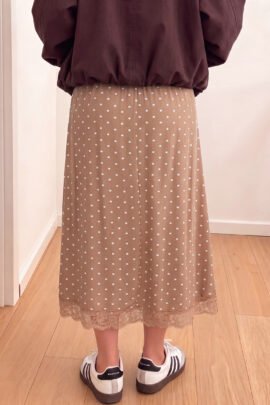 Brown Polka Dot Lace Hem Elegant Long Shift Skirt - Image 13