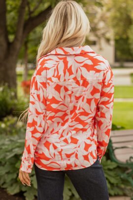 Orange Botanical Print Single Chest Pocket Button Up Shirt - Image 2
