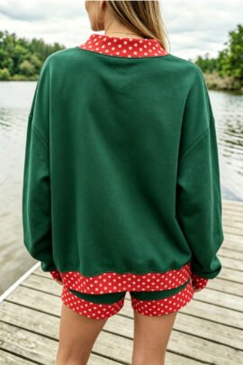 Dark Blue Polka Dot Trim Baggy Pullover 2pcs Short Set - Image 14